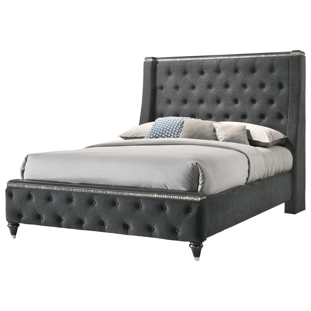 Crown Mark Giovani King Upholstered Wing Panel Bed in Dark Silver